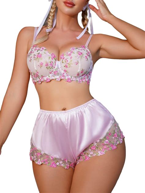 Amazon SHENHE Women S Floral Lingerie 2 Piece Satin Lace