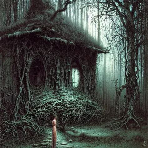 Shabby Hut In A Dark Forest By Luis Royo And Beksinski Stable