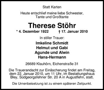 Traueranzeigen Von Therese St Hr Nordwest Trauer De