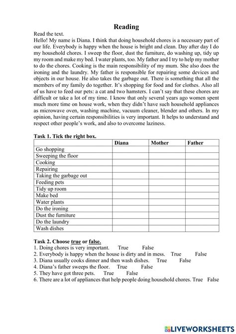 Household Chores Online Worksheet For Grade 7 You Can Do The Exercises