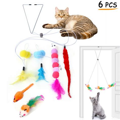 Funchaos 6 Pcs Interactive Cat Feather Toys Retractable Teaser Door Hanger For Indoor Cats