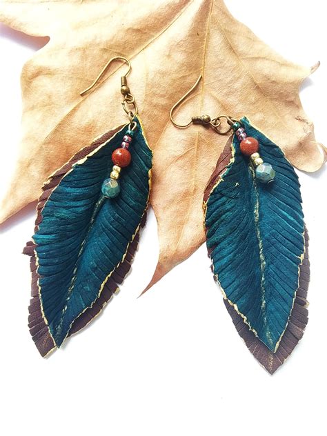 Teal Blue Gold Leather Feather Long Boho Chic Earrings Petrol Blue