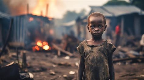 Close up D un Pauvre Orphelin Affamé Dans Un Camp De Réfugiés Avec Une