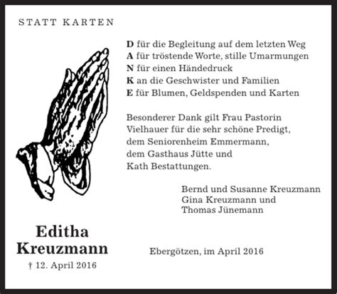 Traueranzeigen Von Editha Kreuzmann Trauer Anzeigen De