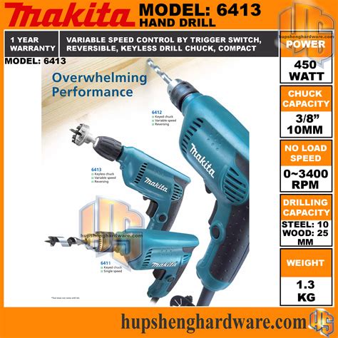 Makita 6413 Hand Drill Chuck 38 450w 3400rpm Reversible 13kg