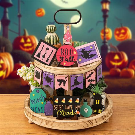 Halloween Tiered Tray Decor Wood Sign Black Cat Ghost Bat Spooky Boo