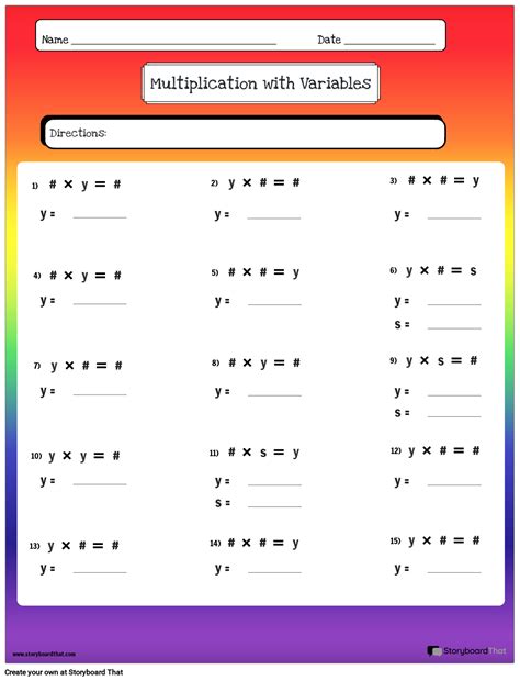 Rainbow Colors Based Variables Worksheet Template