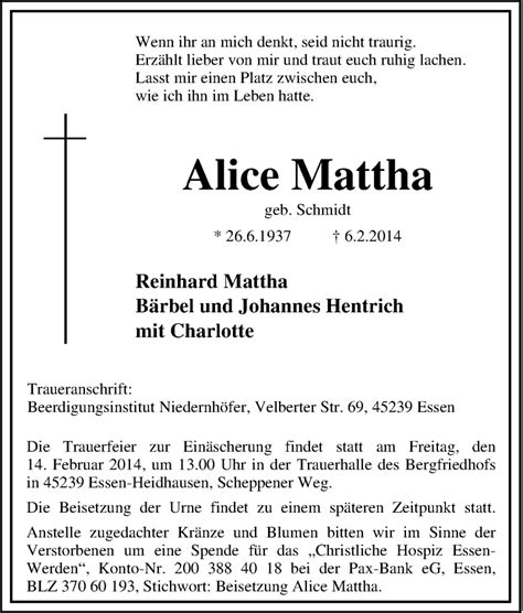 Traueranzeigen Von Alice Mattha Trauer In NRW De