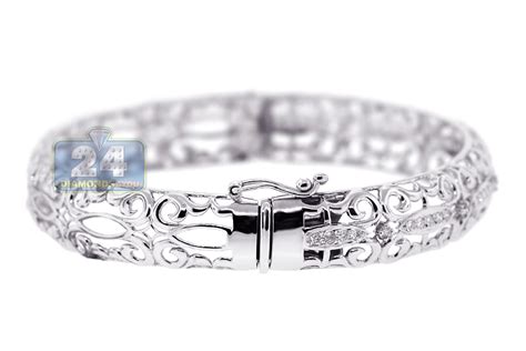 18k White Gold 055 Ct Diamond Filigree Bangle Womens Bracelet