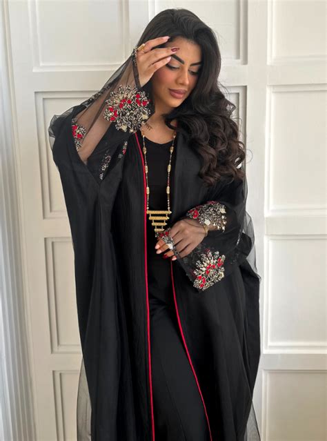 Tulle Abaya Elegant Black Washed Silk Adorned With Tulle And