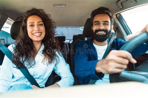 Enjoy Drive Excited Arab Woman Driving Car Man Sitting On Front