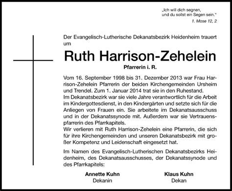 Traueranzeigen Von Ruth Harrison Zehelein Trauer Nn De