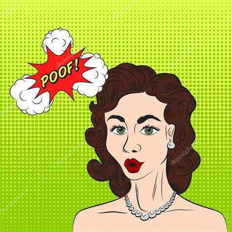 Pop Art Style Sketch Of Beautiful Brunette Woman Saying Poof With Hal Tone Pattern Background