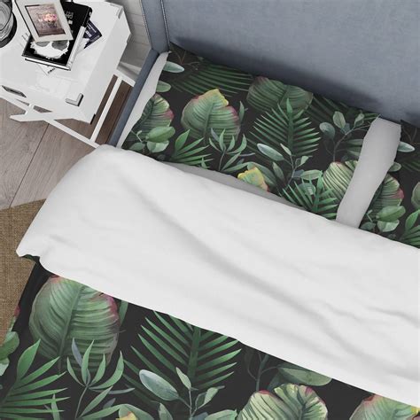 Designart Palm And Tropical Green Leaves On Dark Background Tropical Duvet Cover Set Bed