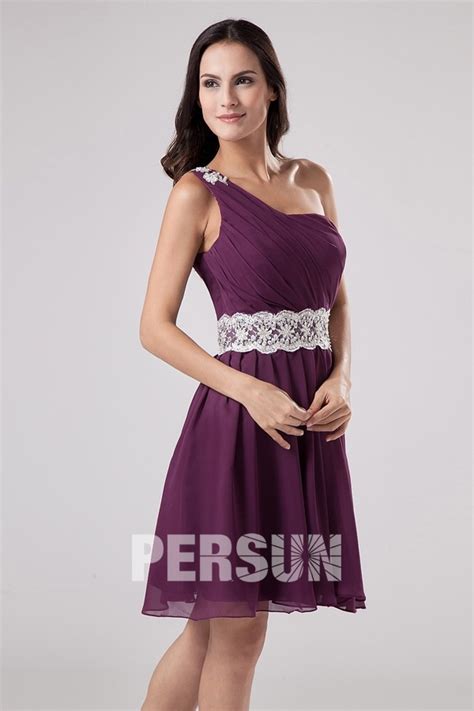 Robe De Violette Courte Bustier Asymétrique Taille Ceinturée En