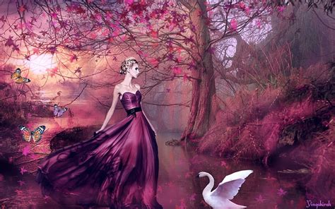 Lady Of The Lake Art Trees Swan Woman Lake Hd Wallpaper Peakpx