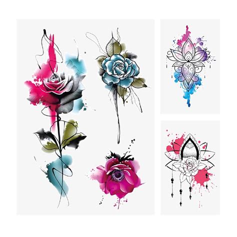 Glaryyears 10 Sheets Watercolor Rose Temporary Tattoos For Women Henna Flower Fake Tattoo