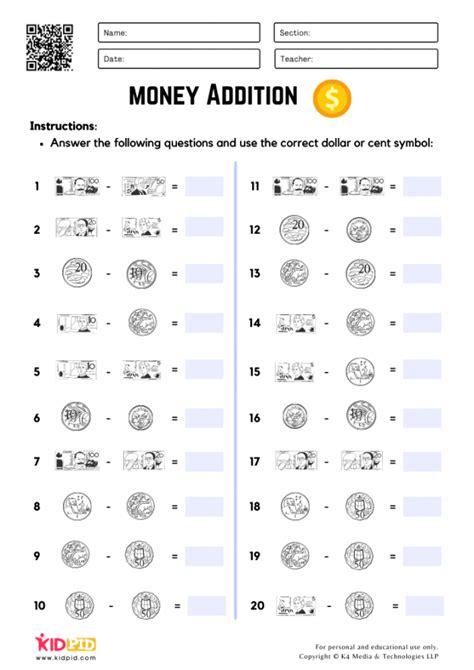 Money Addition Subtraction Worksheets Kidpid