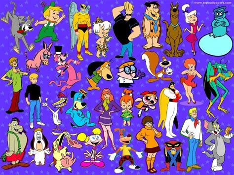 Cartoon Characters Are Grouped Together On A Purple Background