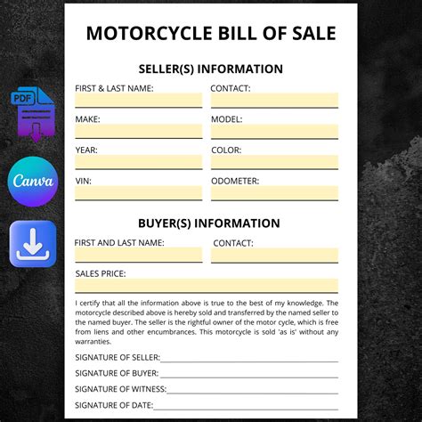 Editable Motorcycle Bill of Sale Template – PDF A4 & US Letter - Etsy