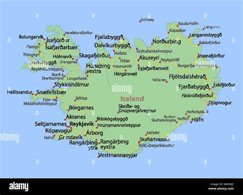 Map of Iceland. Shows country borders, urban areas, place names and ...