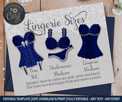 Navy Lingerie Size Card Lingerie Size Insert Brides Measurements Card Lingerie Shower Insert