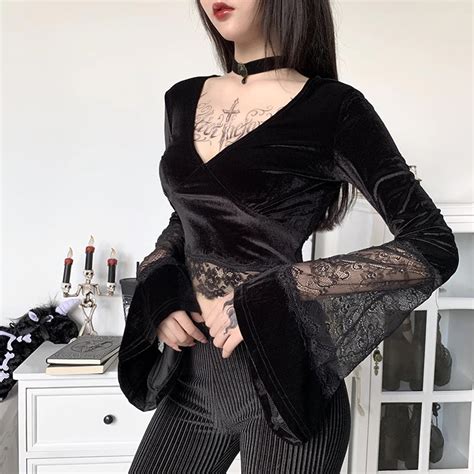 Sexy Lace Flare Sleeve V Neck Gothic Shirt Tomscloth