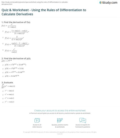 Quiz And Worksheet Using The Rules Of Differentiation To Calculate Derivatives