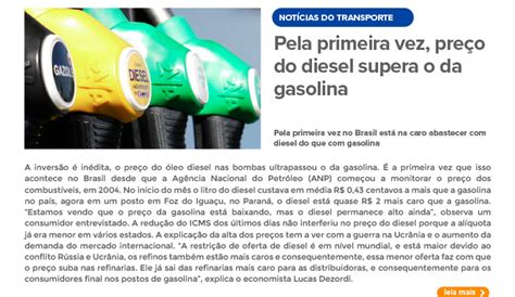 Boletim do Transporte Pela primeira vez preço do diesel supera o da