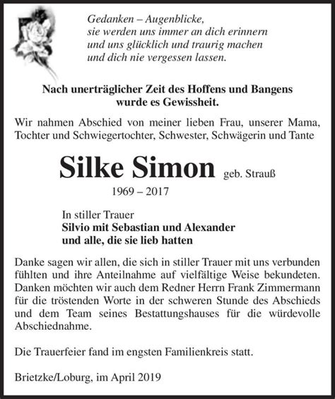 Traueranzeigen von Silke Simon geb Strauß abschied nehmen de