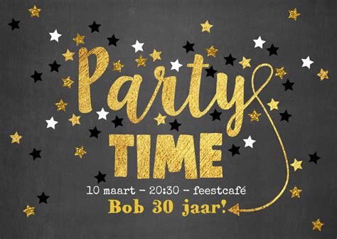 Uitnodiging Party Time Goud Sterren Krijtbord Kaartje2go