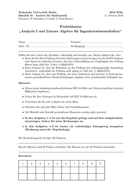 Probeklausur 1 März Fragen Technische at Berlin at II Institut fu r