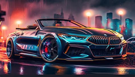 Bmw Concepto De Coche En La Lluvia Con Luces De La Ciudad En El Fondo