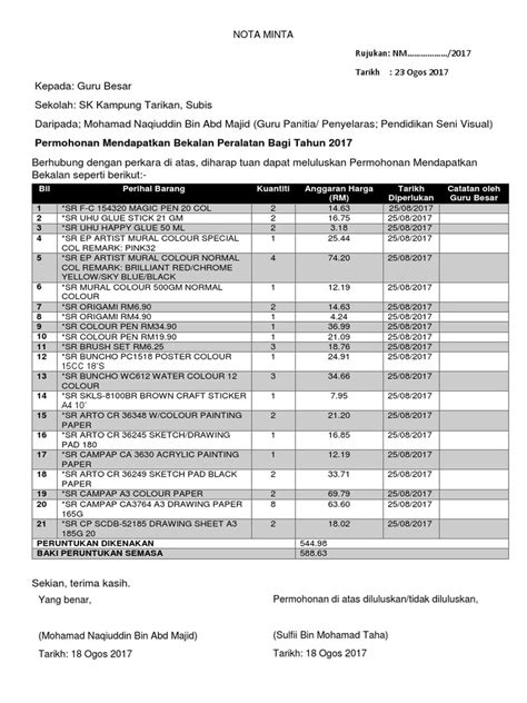 Contoh Nota Minta Sekolah Book Chronicle Ajax