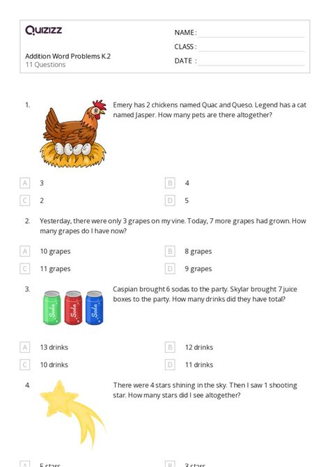 50 Addition Word Problems Worksheets For Kindergarten On Quizizz
