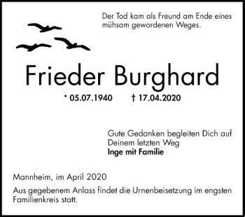 Traueranzeigen Von Frieder Burghard Trauerportal Ihrer Tageszeitung