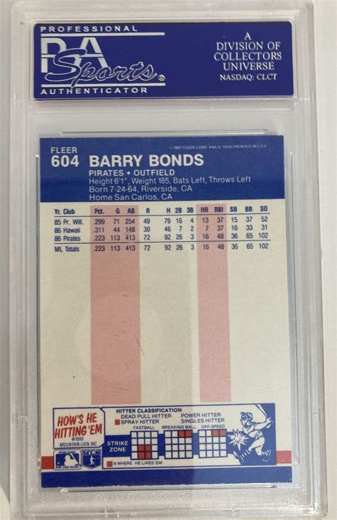 Fleer Barry Bonds Rookie Card Psa Mint Mlb Pirates Mvp