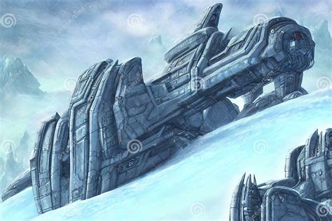 Snowy Planet Sci Fi Landscape With Vehicle Or Station Ai Art Stock