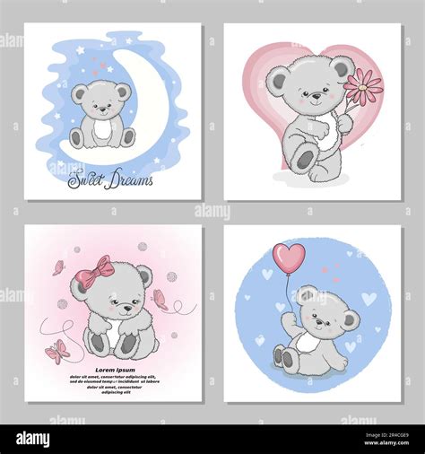 Cute Teddy Bears Vector Illustrations Set Of Birthday Greeting Cards