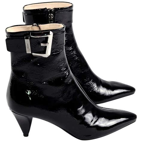 Prada Black Patent Leather Boots W Cone Heels And Silver Buckles In