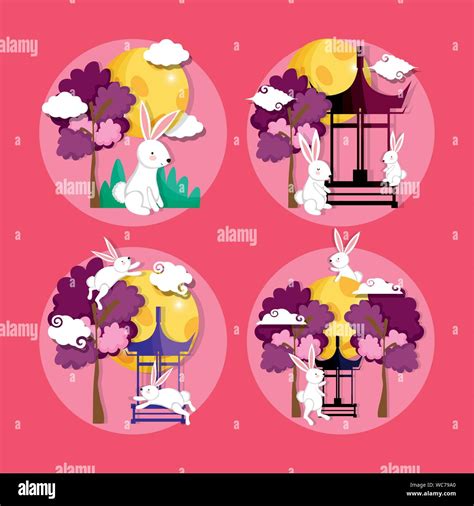 Rabbits Set Celebration Happy Moon Festival Vector Illustration Stock