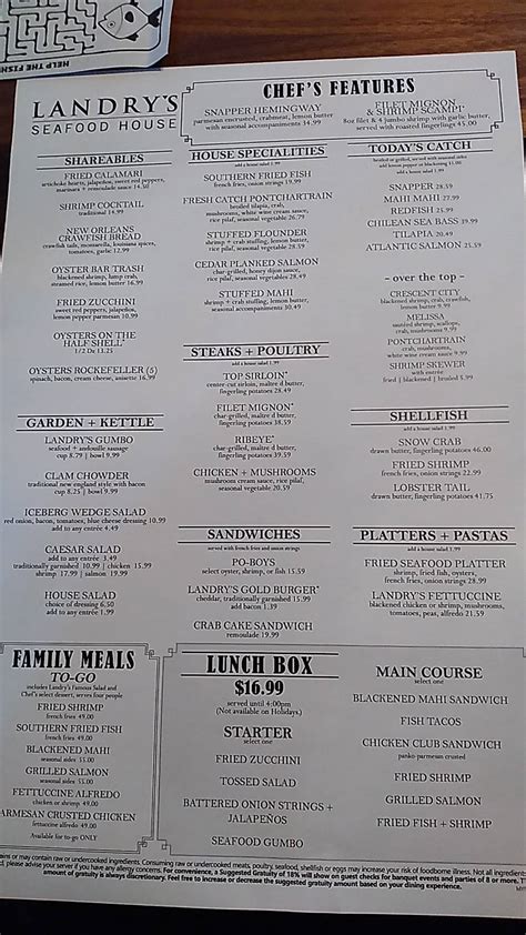 Menu at Landry's Seafood House steakhouse, Myrtle Beach