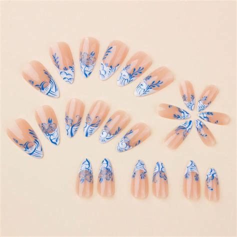 24pcs Medium Long Almond Shaped Nail Art Blue Floral French False