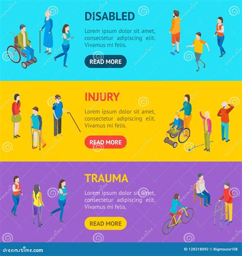 Isometric Disabled People Characters Banner Horizontal Set Vector Stock Vector Illustration