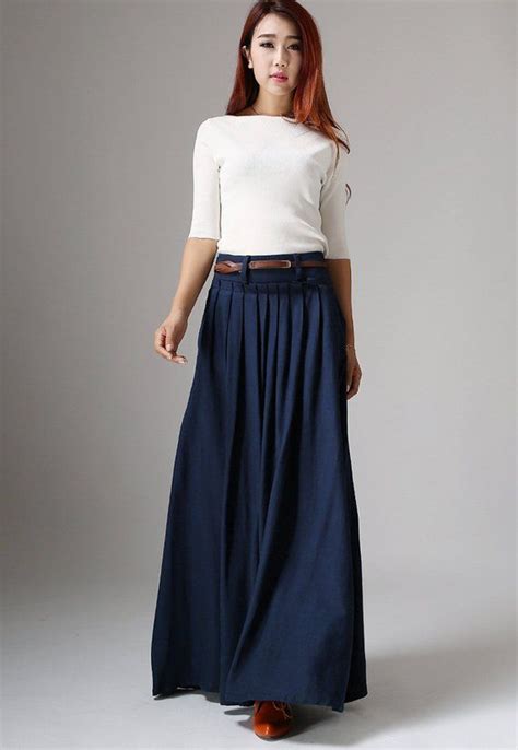 Swing Long Linen Maxi Skirt For Women Navy Blue Walking Skirt High