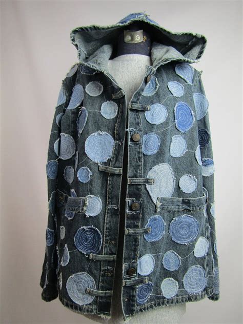 Medium Denim Hooded Art Jacket Upcycled Jeans Applique Circles