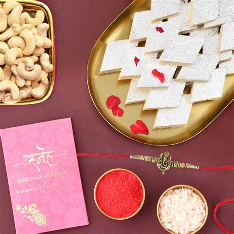 Online Sneh Rustic Ganesha Rakhi With Kaju Katli Cashews Gift