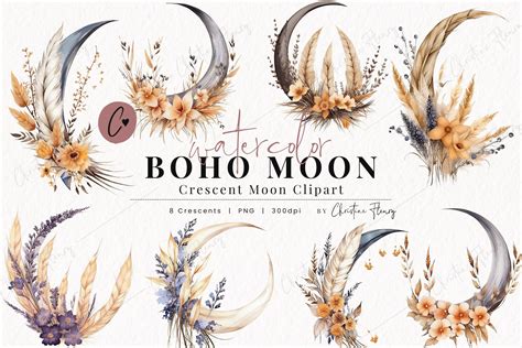 Watercolor Boho Moon Floral Clipart Graphic By Christine Fleury · Creative Fabrica