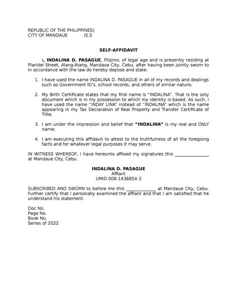 Self Affidavit Legal Document Republic Of The Philippines City Of