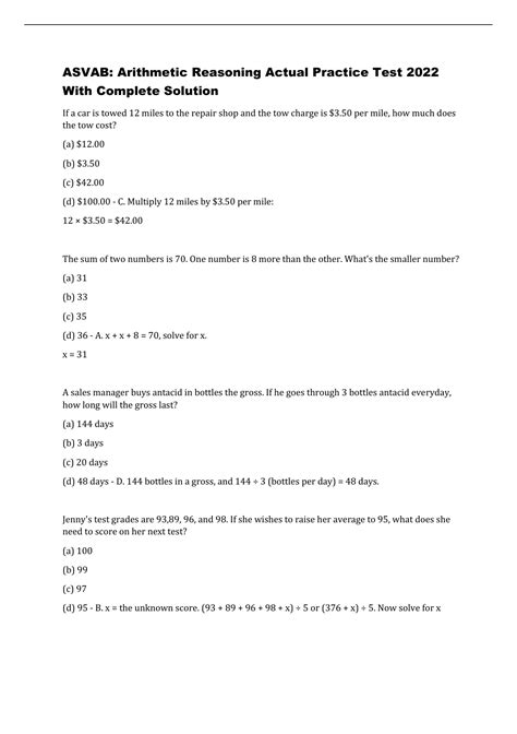 Asvab Arithmetic Reasoning Actual Practice Test With Complete